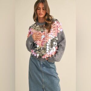 Large Sequins Chevron Knit Sweater in Grey NEW